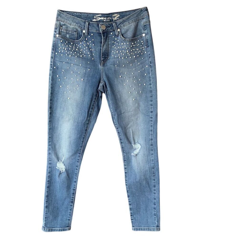 Seven7 Women's Mid Rise Skinny Jeans Pearl Embellished Blue Size 8